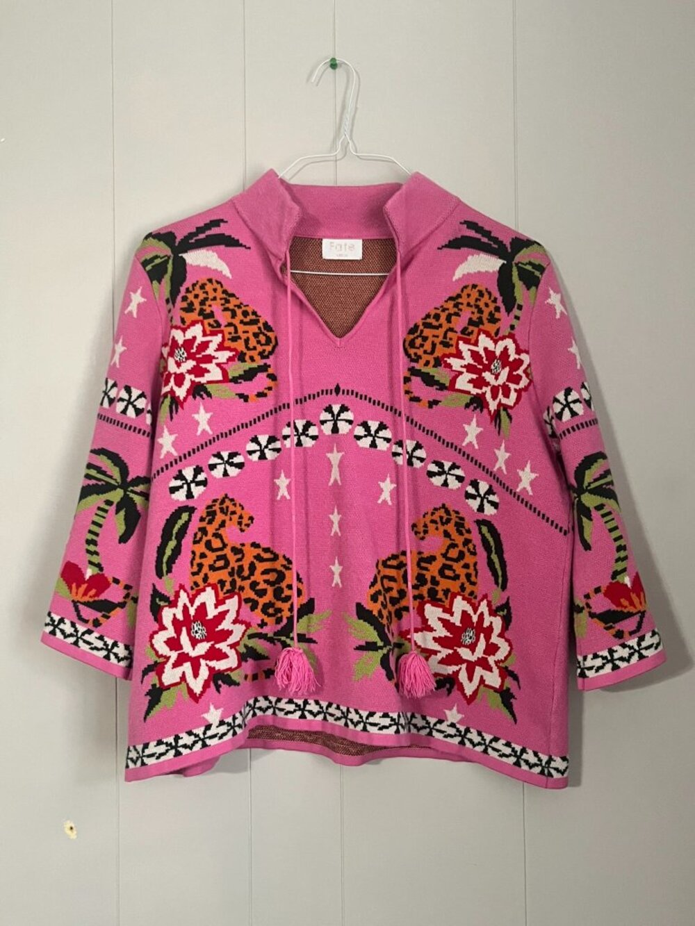 Pink Boutique Blouse Leopard Floral Tropical Print Tassel Tie Neck